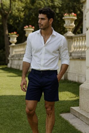 Short Alfaiataria Masculino Marinho com Bolsos Embutidos